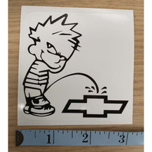 Load image into Gallery viewer, Calvin Peeing on a Chevy Symbol Sticker
